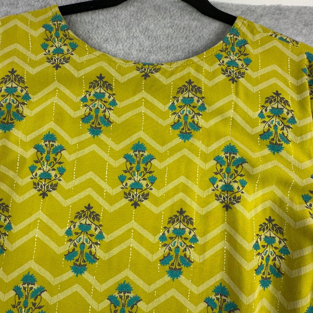Avaasa Yellow Floral Chevron Kurti Tunic Dress XXL Lagenlook Roll Sleeve Boho - Picture 15 of 16